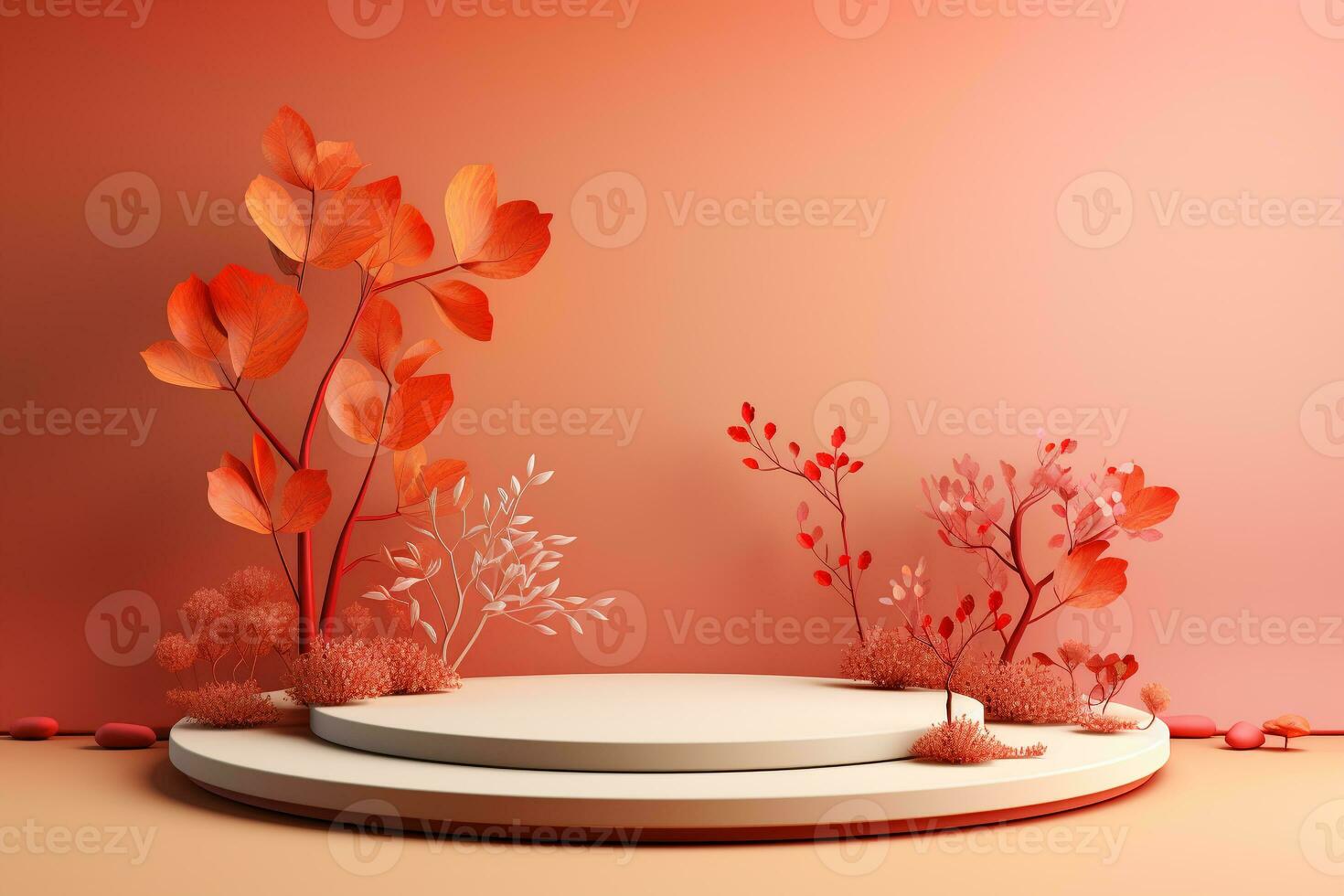 3D podium products display background with autumn leaves,mushrooms,animal on the left with copy space.Minimal background for products presentation.Created with Generative AI technology photo