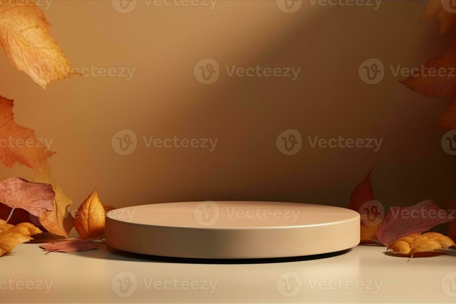 3D podium products display background with autumn leaves,mushrooms,animal on the left with copy space.Minimal background for products presentation.Created with Generative AI technology photo