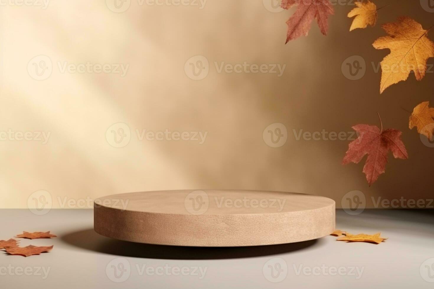 3D podium products display background with autumn leaves,mushrooms,animal on the left with copy space.Minimal background for products presentation.Created with Generative AI technology photo