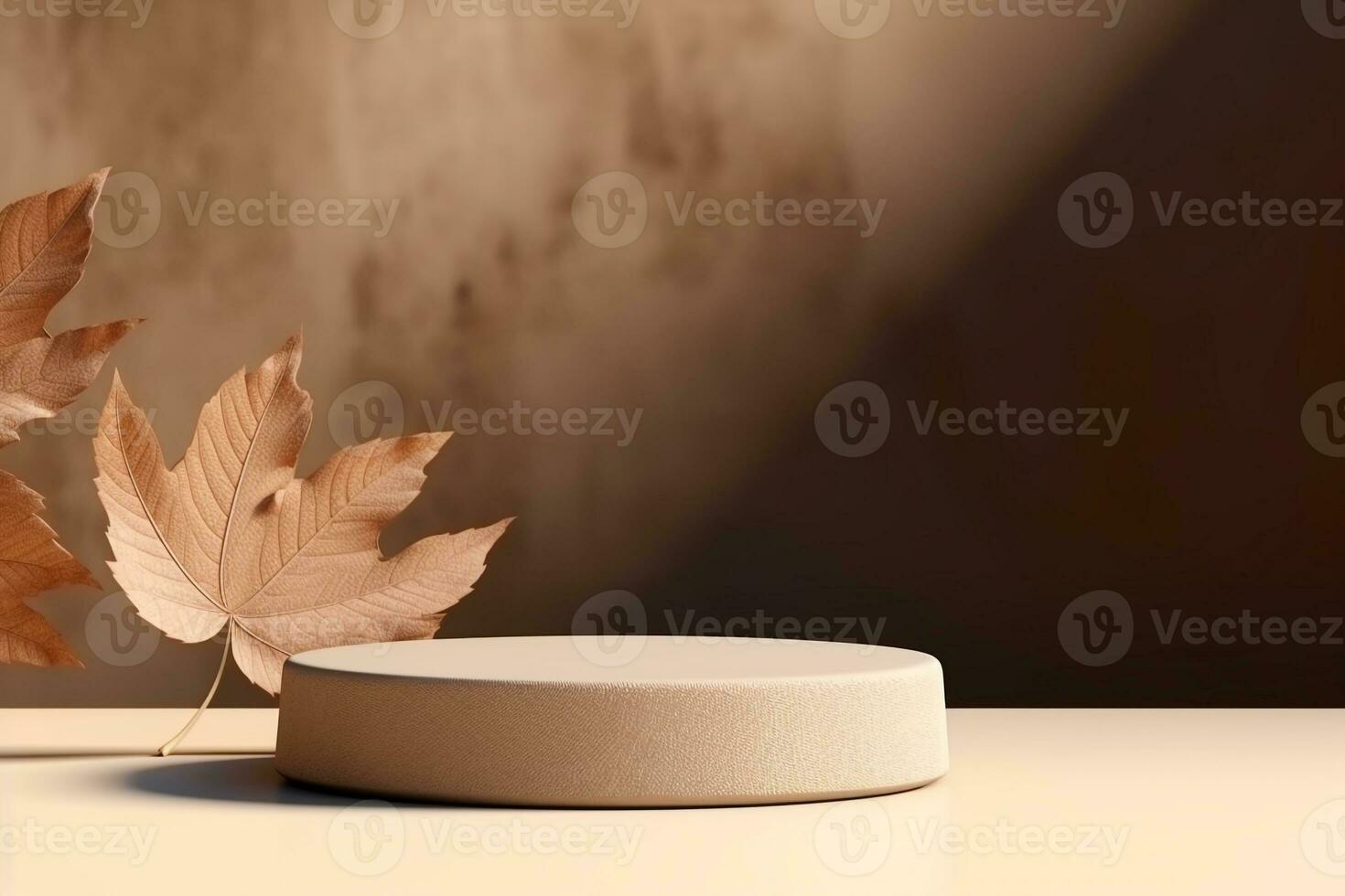 3D podium products display background with autumn leaves,mushrooms,animal on the left with copy space.Minimal background for products presentation.Created with Generative AI technology photo