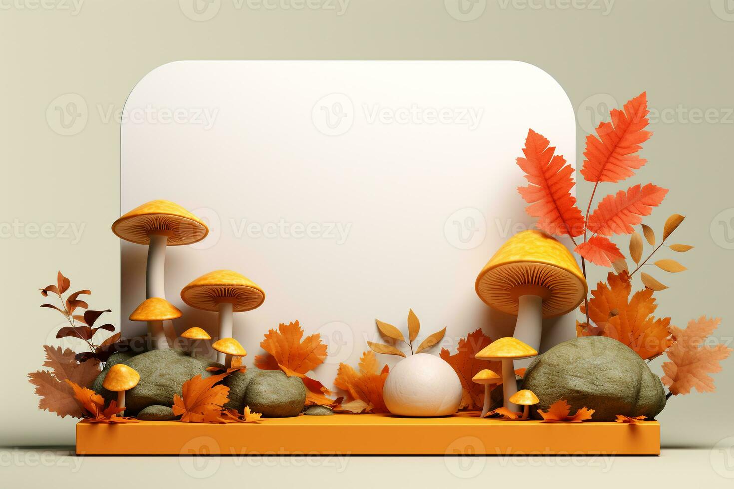 3D podium products display background with autumn leaves,mushrooms,animal on the left with copy space.Minimal background for products presentation.Created with Generative AI technology photo