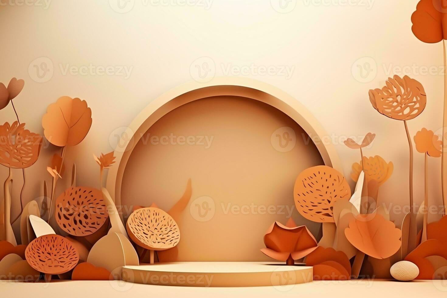 3D podium products display background with autumn leaves,mushrooms,animal on the left with copy space.Minimal background for products presentation.Created with Generative AI technology photo
