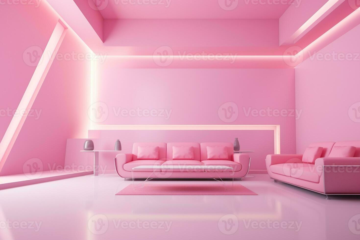 Futurism pink living room with copy with sofa and plants space in the future.Created with Generative AI technology. photo