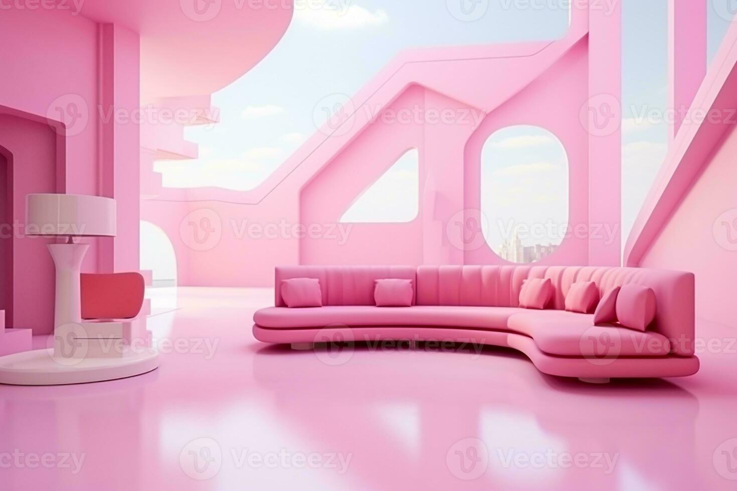 futurismo rosado vivo habitación con Copiar con sofá y plantas espacio en el futuro.creado con generativo ai tecnología. foto