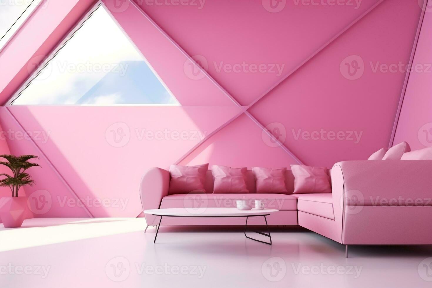 Futurism pink living room with copy with sofa and plants space in the future.Created with Generative AI technology. photo