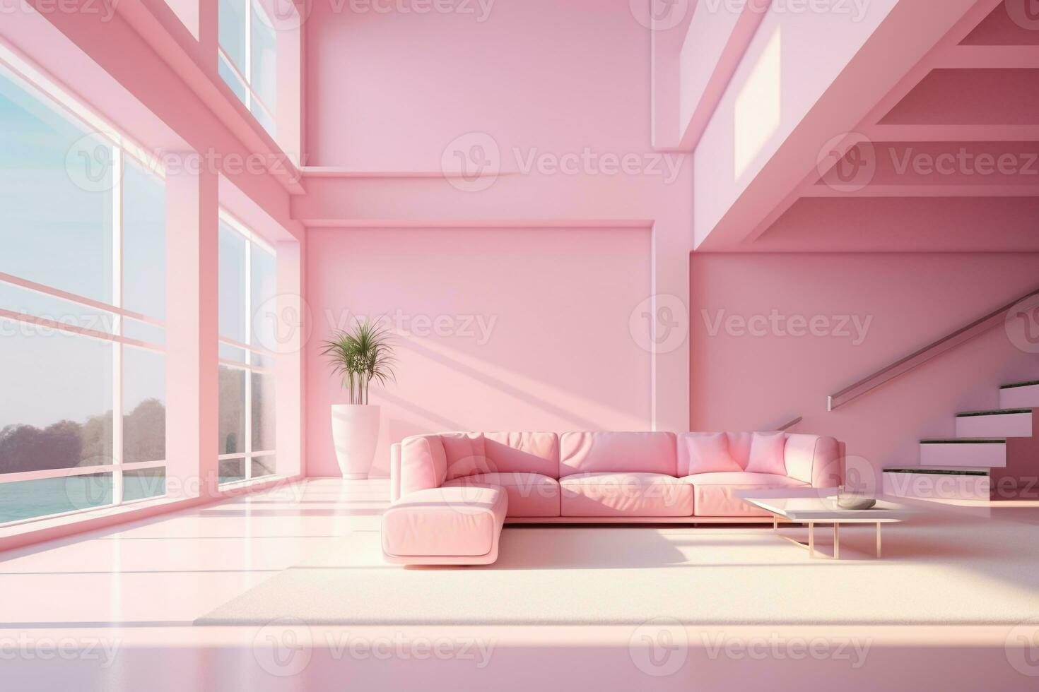 Futurism pink living room with copy with sofa and plants space in the future.Created with Generative AI technology. photo