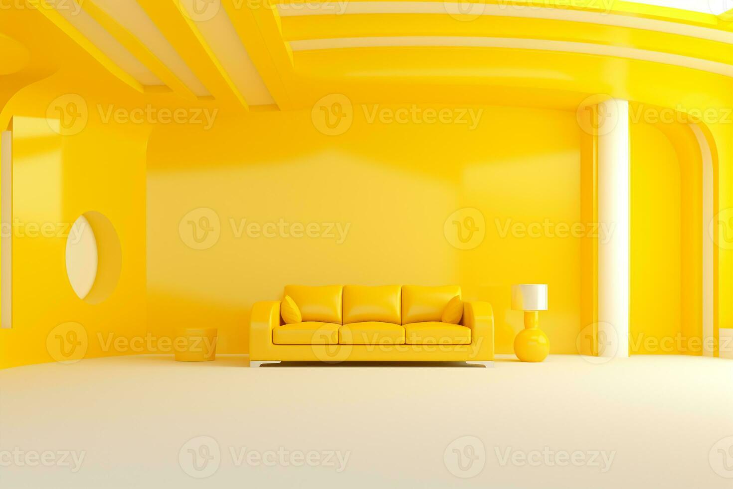 Futurism yellow living room with copy with sofa and plants space in the future.Created with Generative AI technology. photo