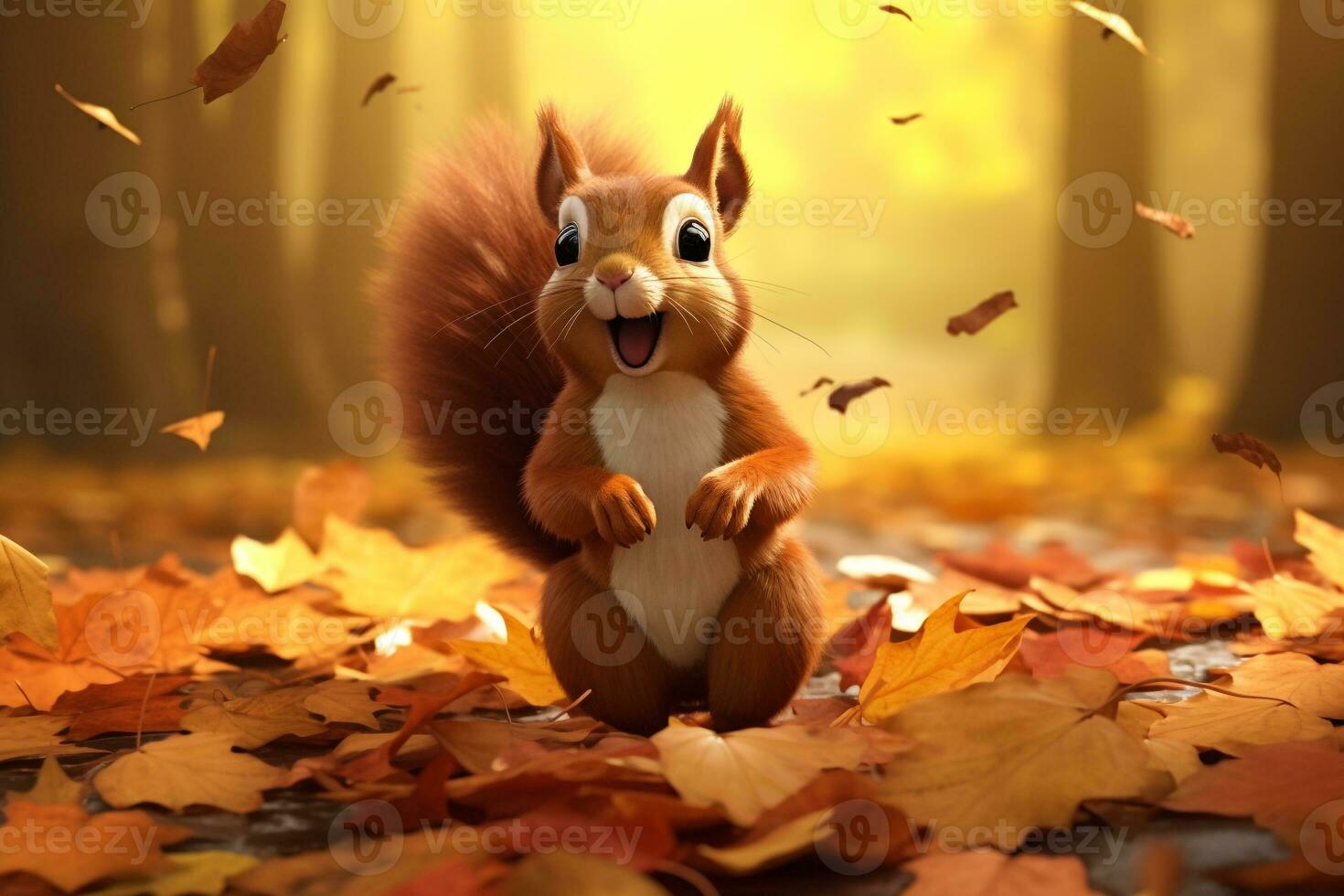 Cute squirrel in the autumn forest with autumn leaves. photo