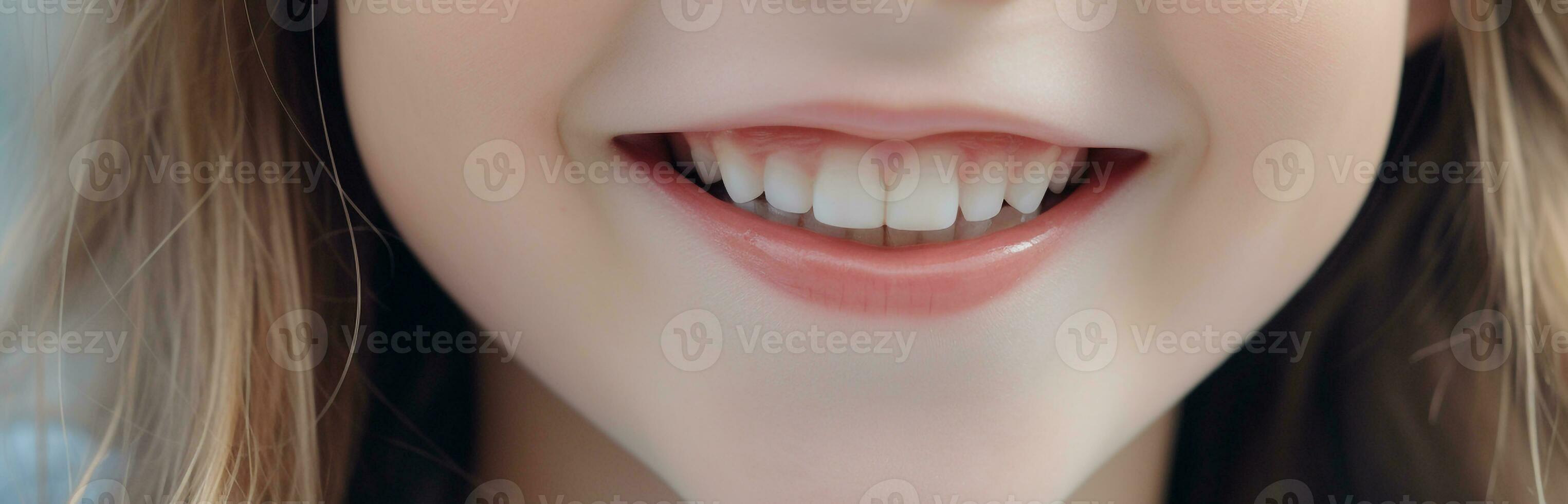 Close up of a little girl smiling with clean teeth.Health concept.Created with Generative AI technology. photo
