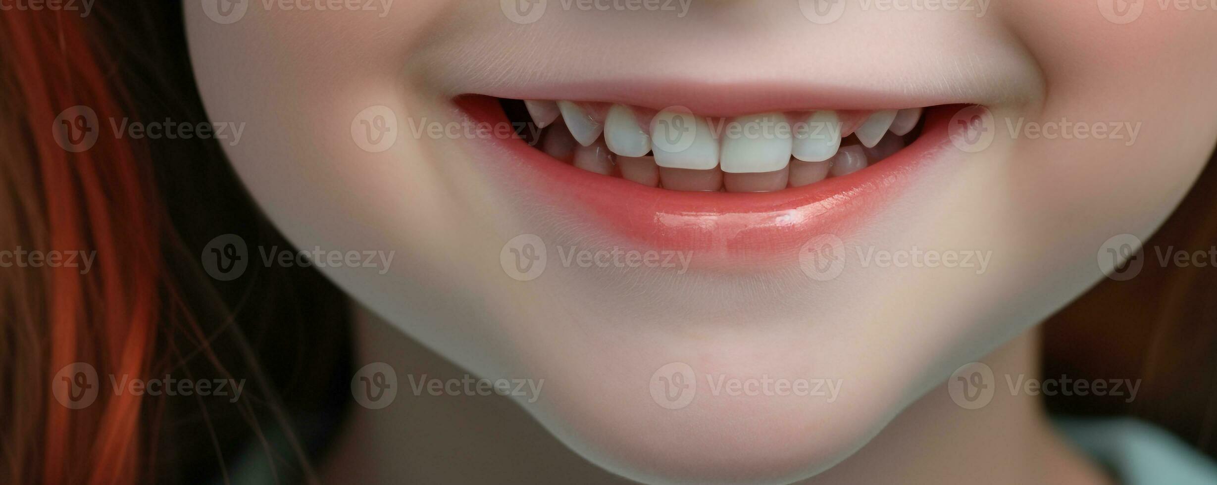 cerca arriba de un pequeño niña sonriente con limpiar dientes.salud concepto.creado con generativo ai tecnología. foto