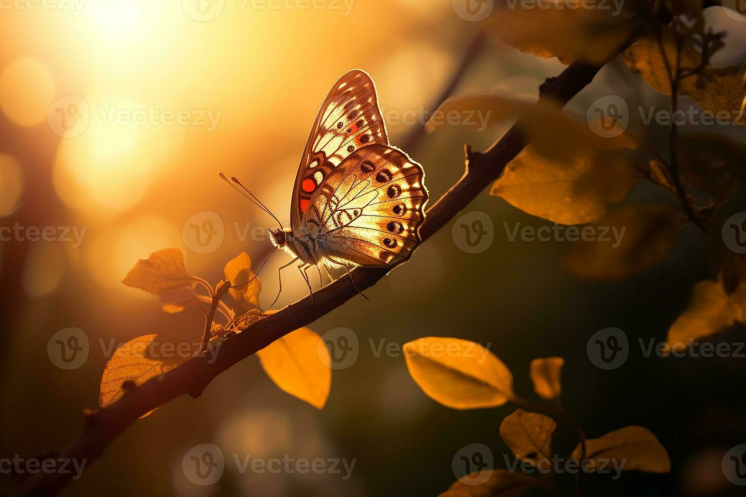 Macro photography, butterflies in the flowers with morning light with copy space.Created with Generative AI technology. photo