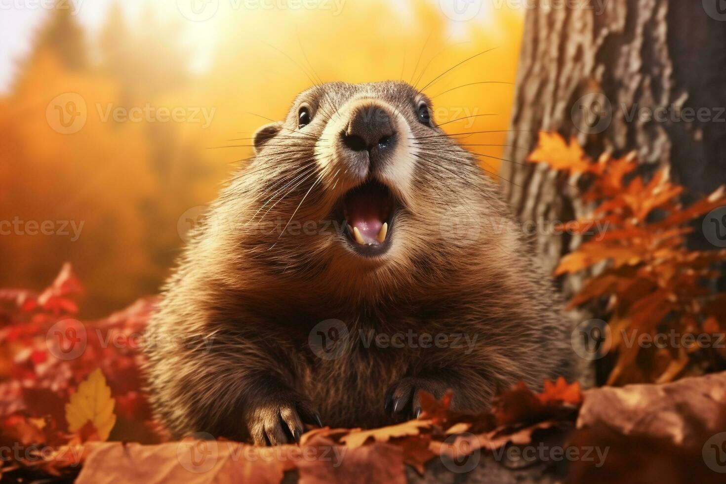 Cute groundhogs in the autumn forest with autumn leaves.Created with Generative AI technology. photo