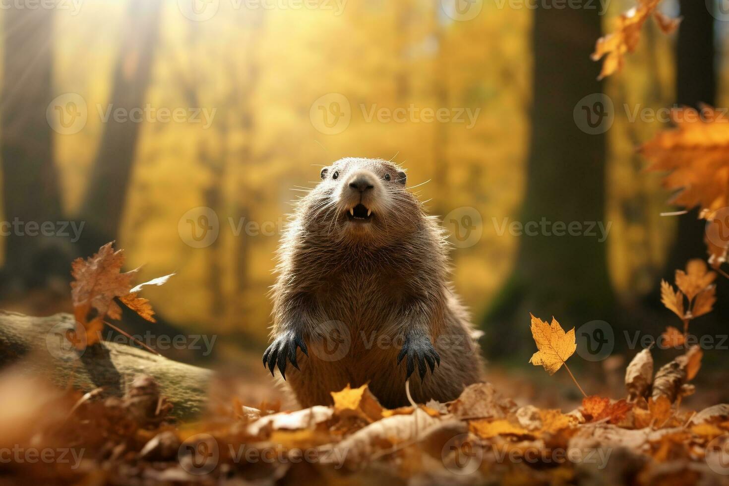 Cute groundhogs in the autumn forest with autumn leaves.Created with Generative AI technology. photo