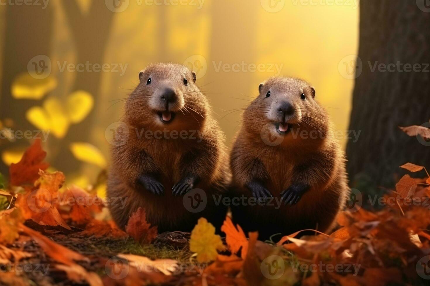 Cute groundhogs in the autumn forest with autumn leaves.Created with Generative AI technology. photo