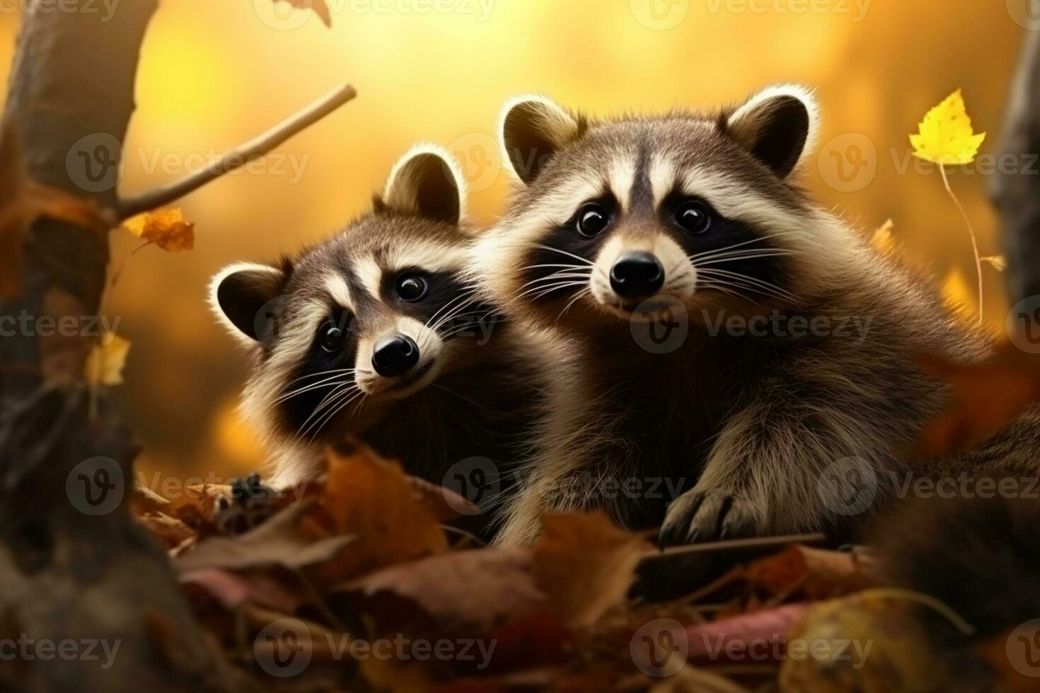Cute Raccoon in the autumn forest with autumn leaves.Created with Generative AI technology. photo