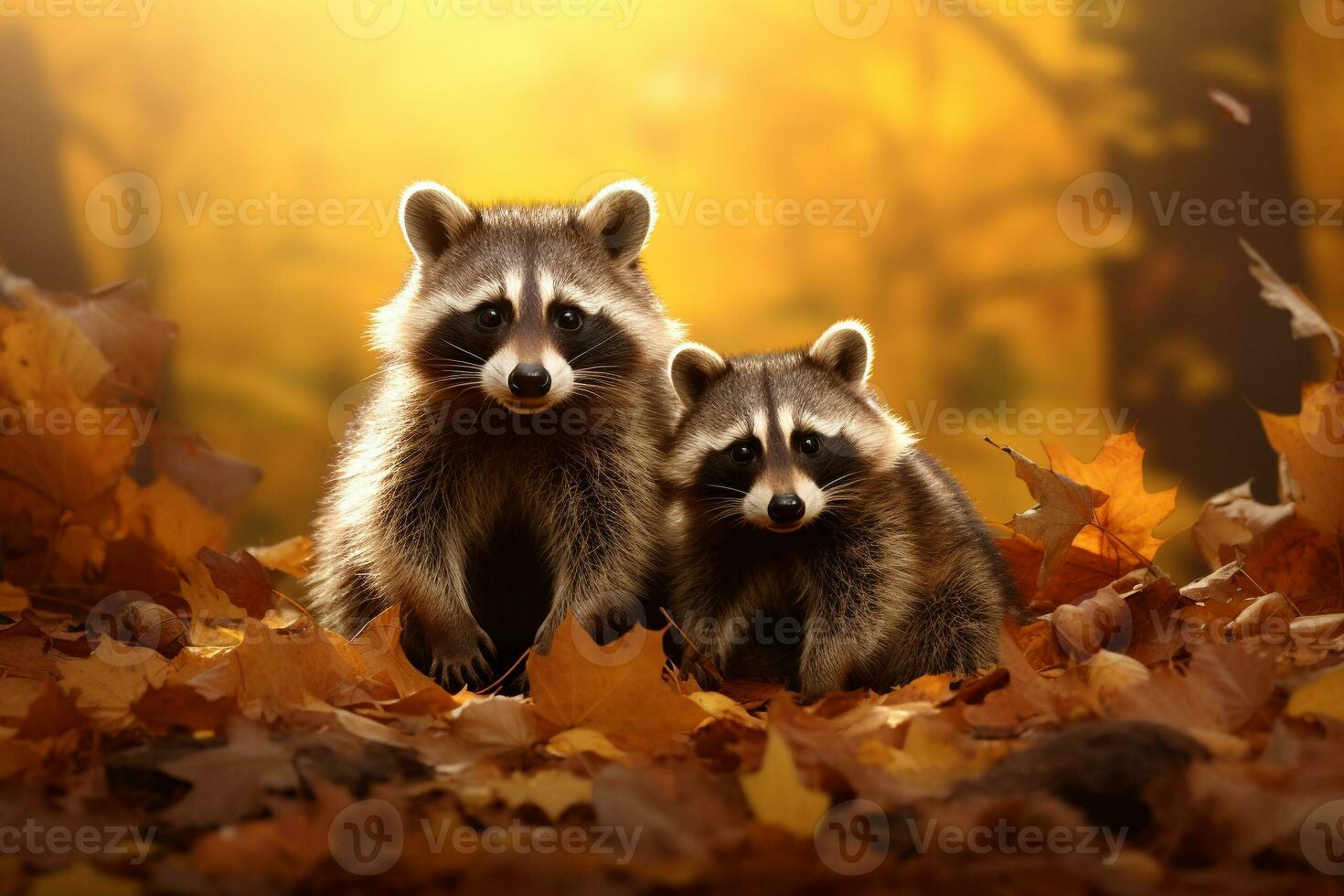 linda mapache en el otoño bosque con otoño hojas.creadas con generativo ai tecnología. foto