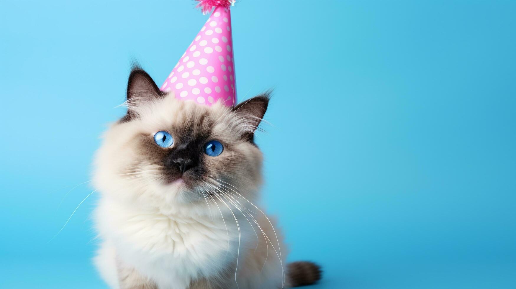 Cute Cat with cone hat and necklace bowtie on isolated background.Happy birthday concept.created with Generative AI technology photo