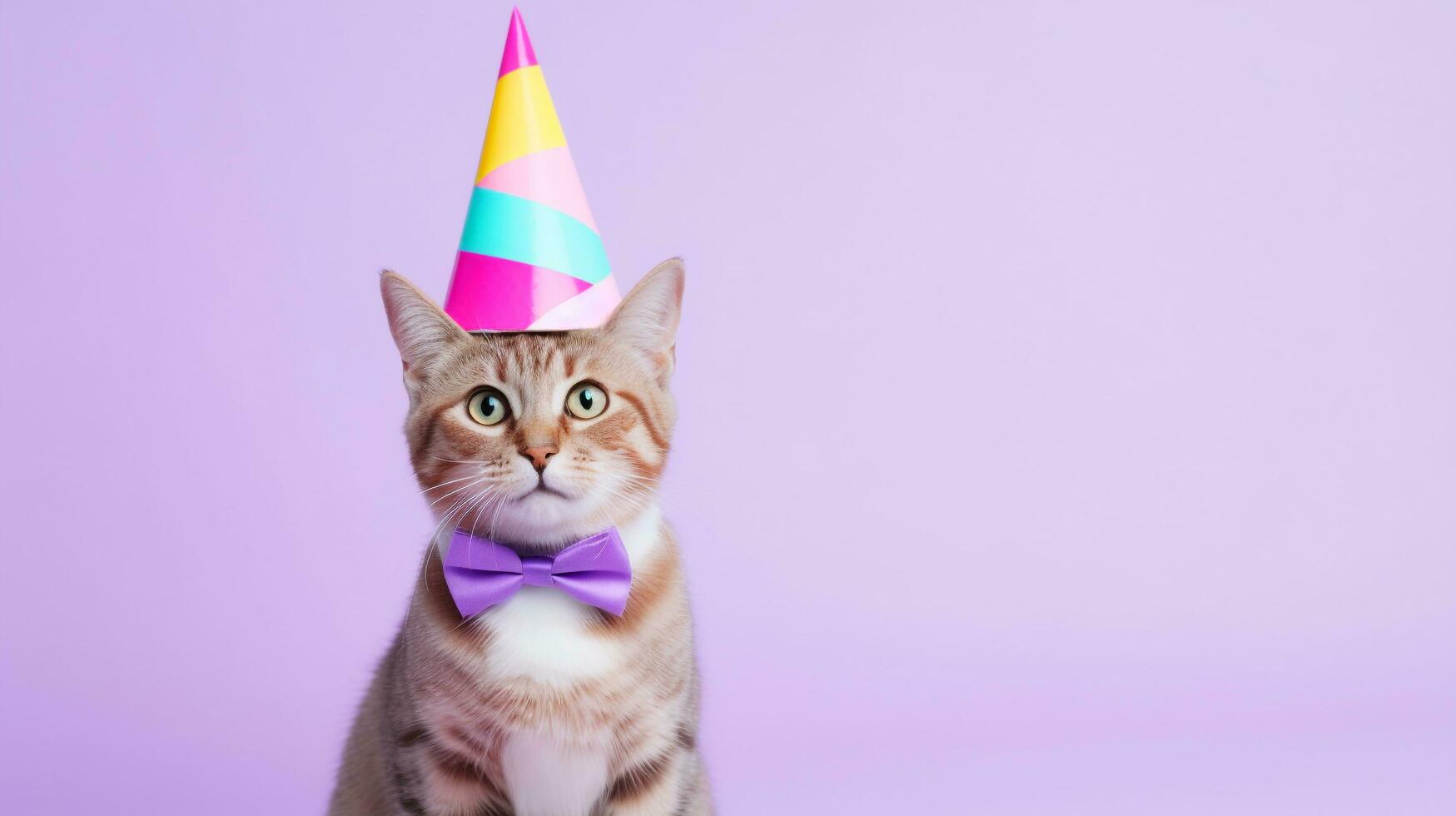 linda gato con cono sombrero y collar corbata de moño en aislado fondo.feliz cumpleaños concepto.creado con generativo ai tecnología foto