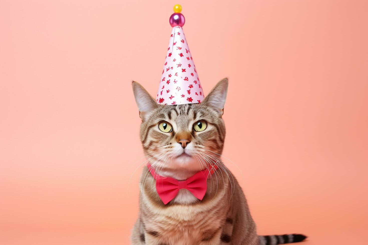 Cute Cat with cone hat and necklace bowtie on isolated background.Happy birthday concept.created with Generative AI technology photo