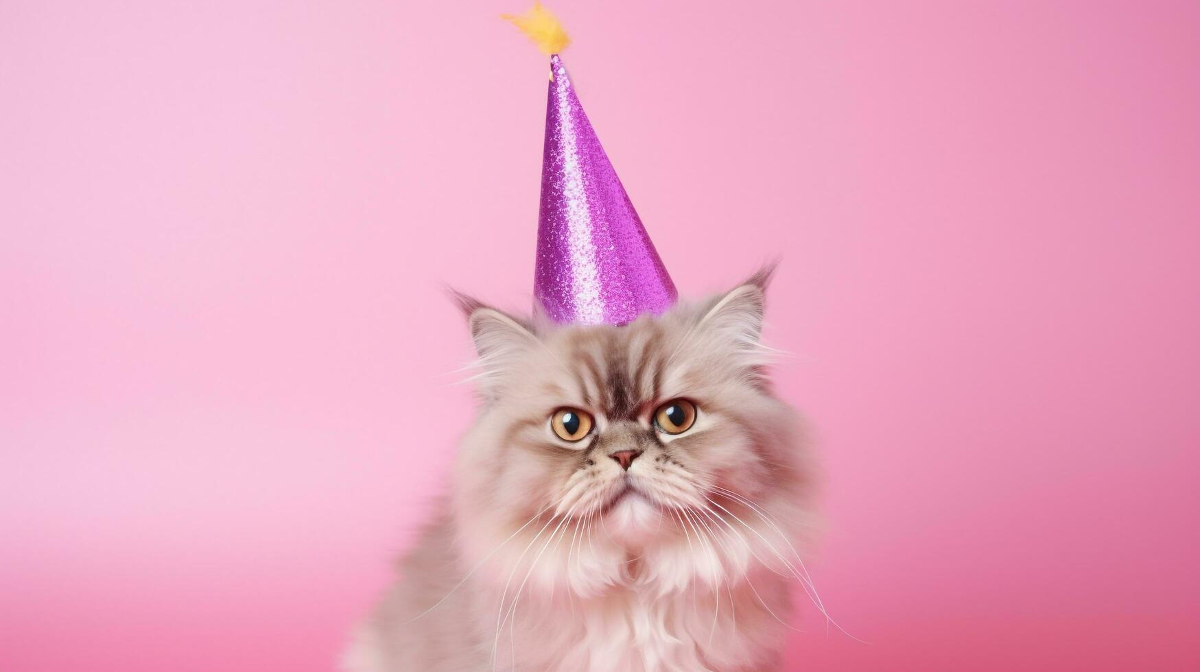 Cute Cat with cone hat and necklace bowtie on isolated background.Happy birthday concept.created with Generative AI technology photo