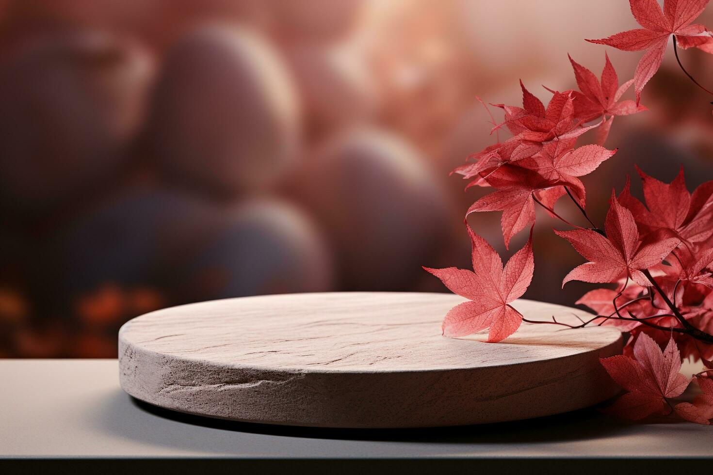 3D podium products display background with autumn leaves,mushrooms,animal on the left with copy space.Minimal background for products presentation.Created with Generative AI technology photo