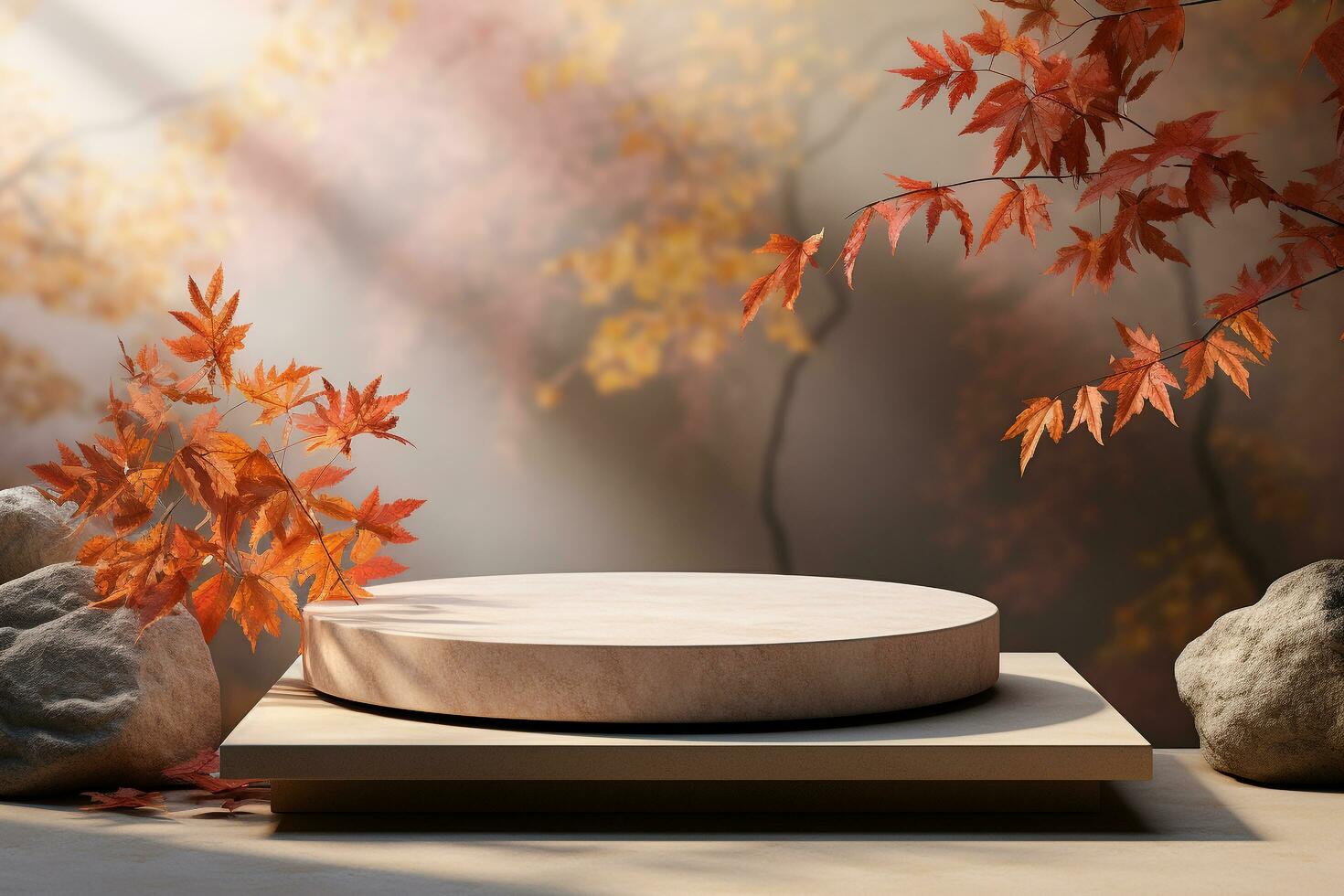 3D podium products display background with autumn leaves,mushrooms,animal on the left with copy space.Minimal background for products presentation.Created with Generative AI technology photo