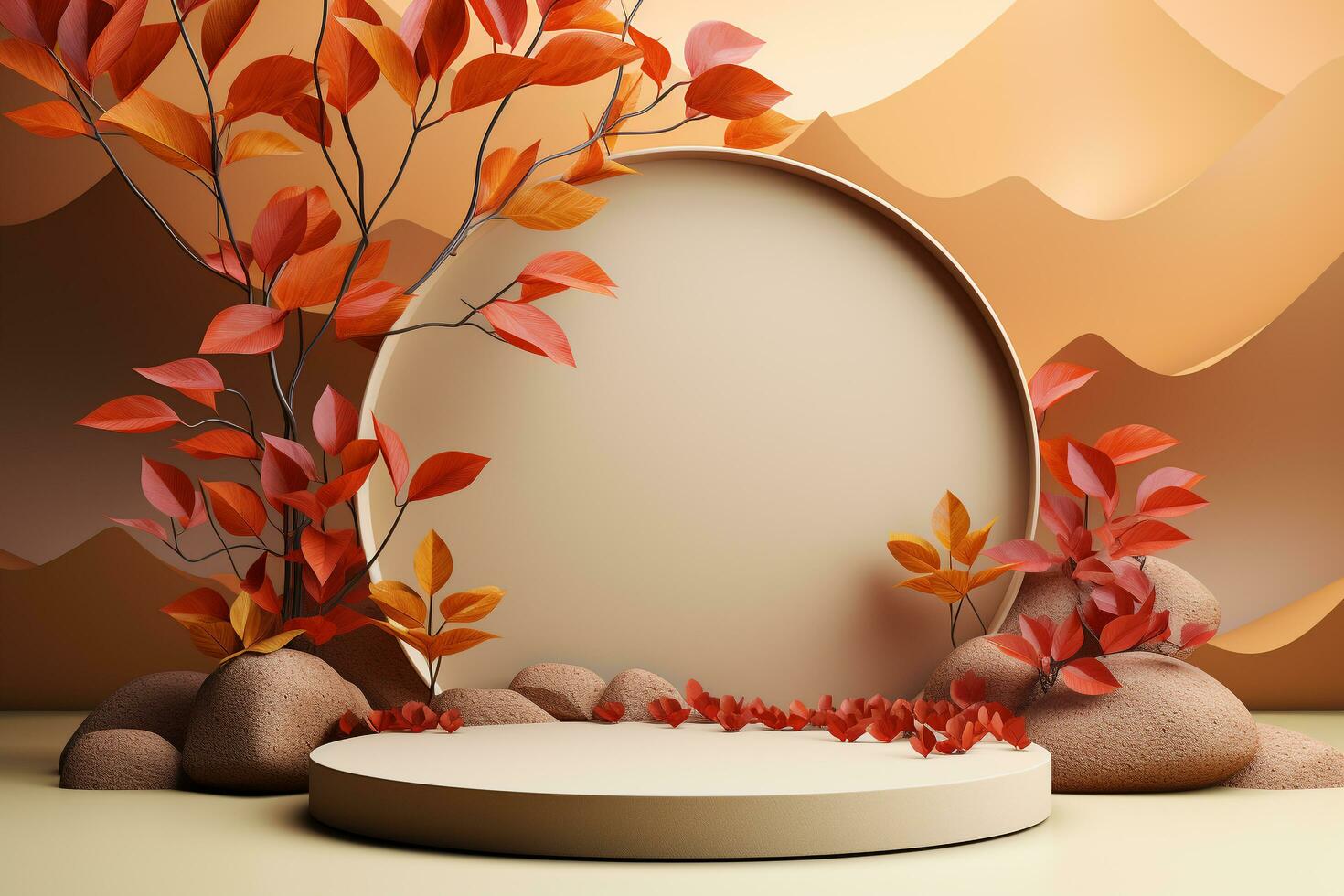 3D podium products display background with autumn leaves,mushrooms,animal on the left with copy space.Minimal background for products presentation.Created with Generative AI technology photo