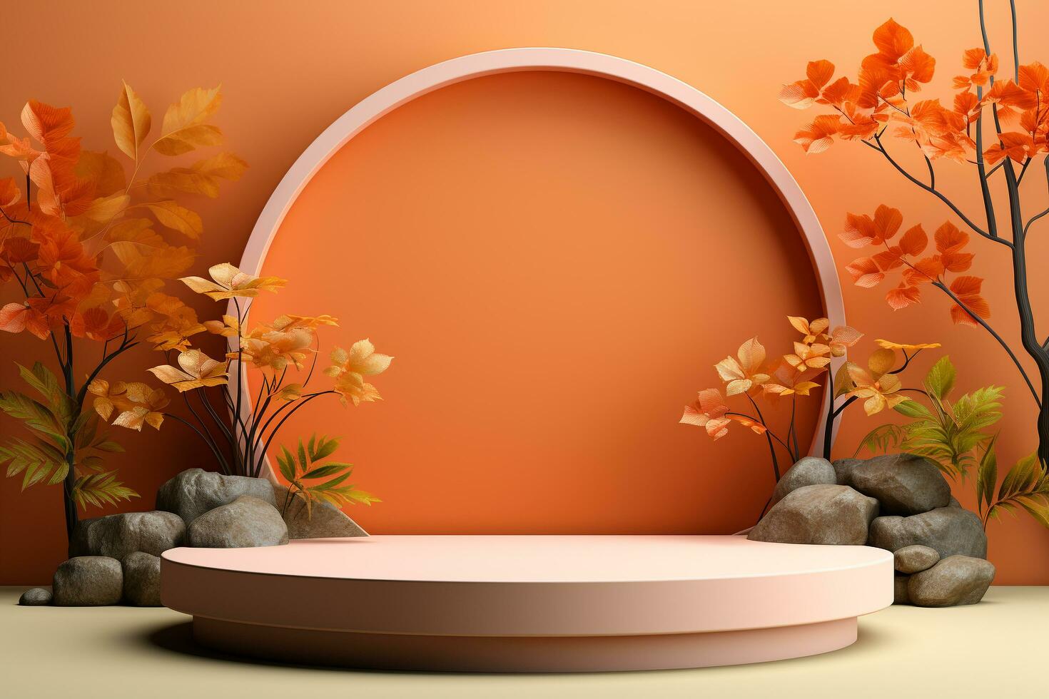 3D podium products display background with autumn leaves,mushrooms,animal on the left with copy space.Minimal background for products presentation.Created with Generative AI technology photo