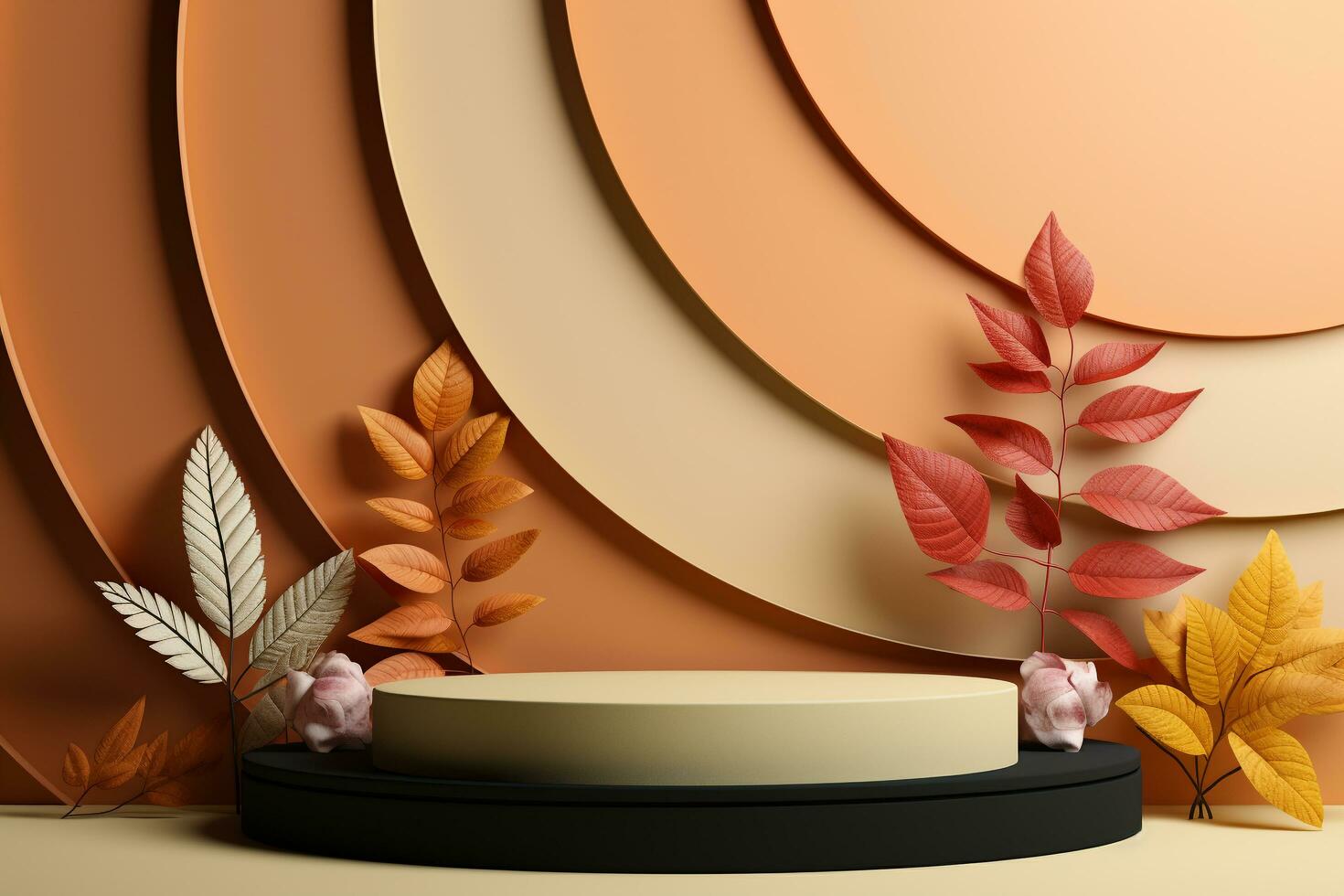 3D podium products display background with autumn leaves,mushrooms,animal on the left with copy space.Minimal background for products presentation.Created with Generative AI technology photo