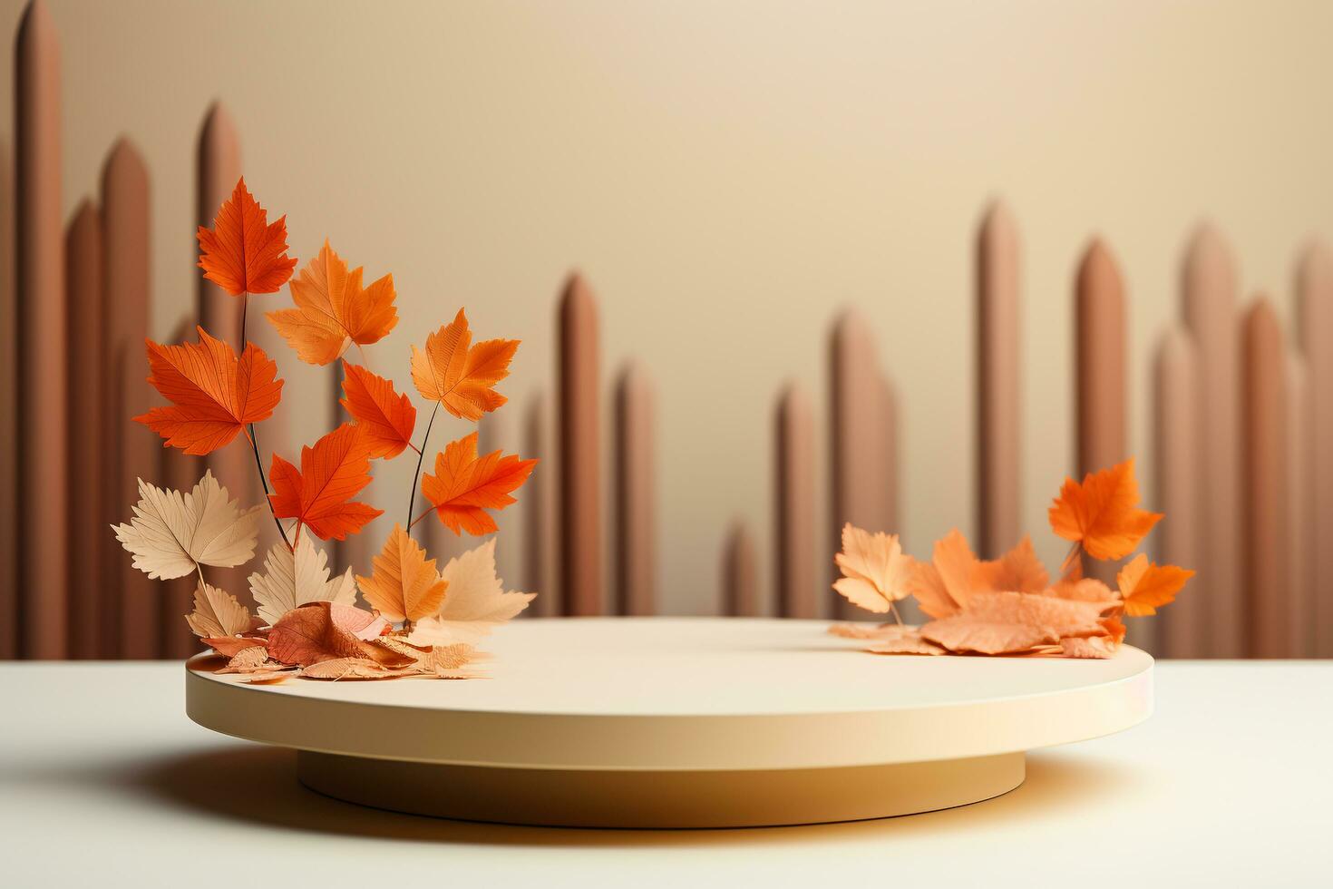 3D podium products display background with autumn leaves,mushrooms,animal on the left with copy space.Minimal background for products presentation.Created with Generative AI technology photo