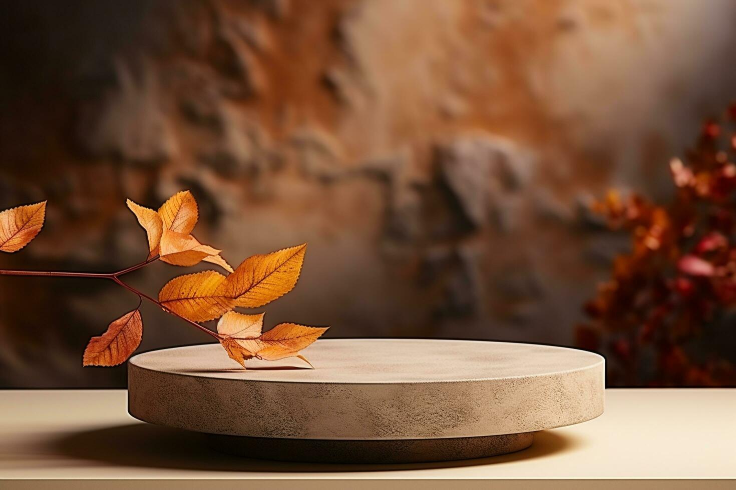 3D podium products display background with autumn leaves,mushrooms,animal on the left with copy space.Minimal background for products presentation.Created with Generative AI technology photo