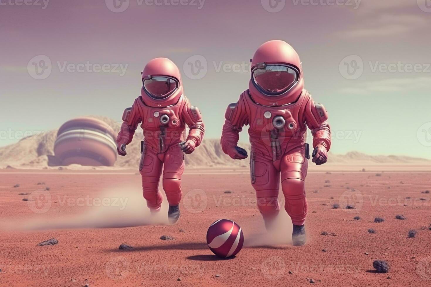 An astronauts playing football on planet.Created with Generative AI technology. photo