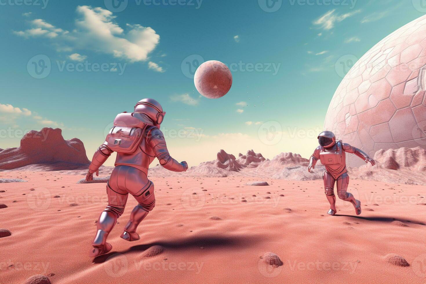 An astronauts playing football on planet.Created with Generative AI technology. photo