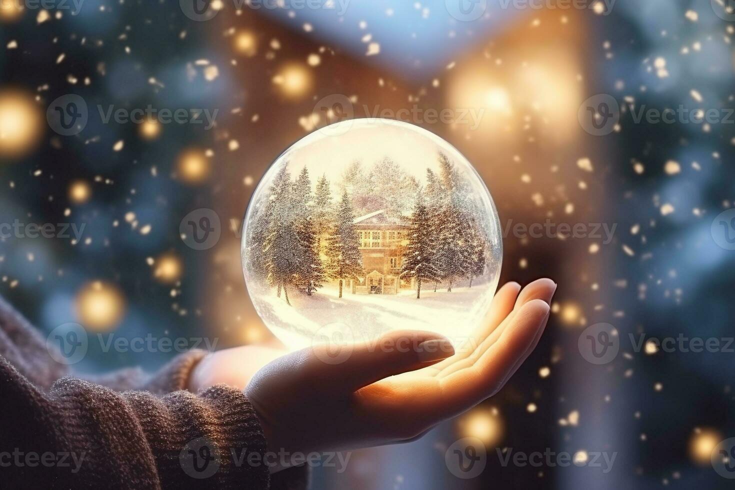 Hand holding Tiny cute christmas contained within a sphere glass bottle on snow background.Merry Christmas and Happy new year concept. photo