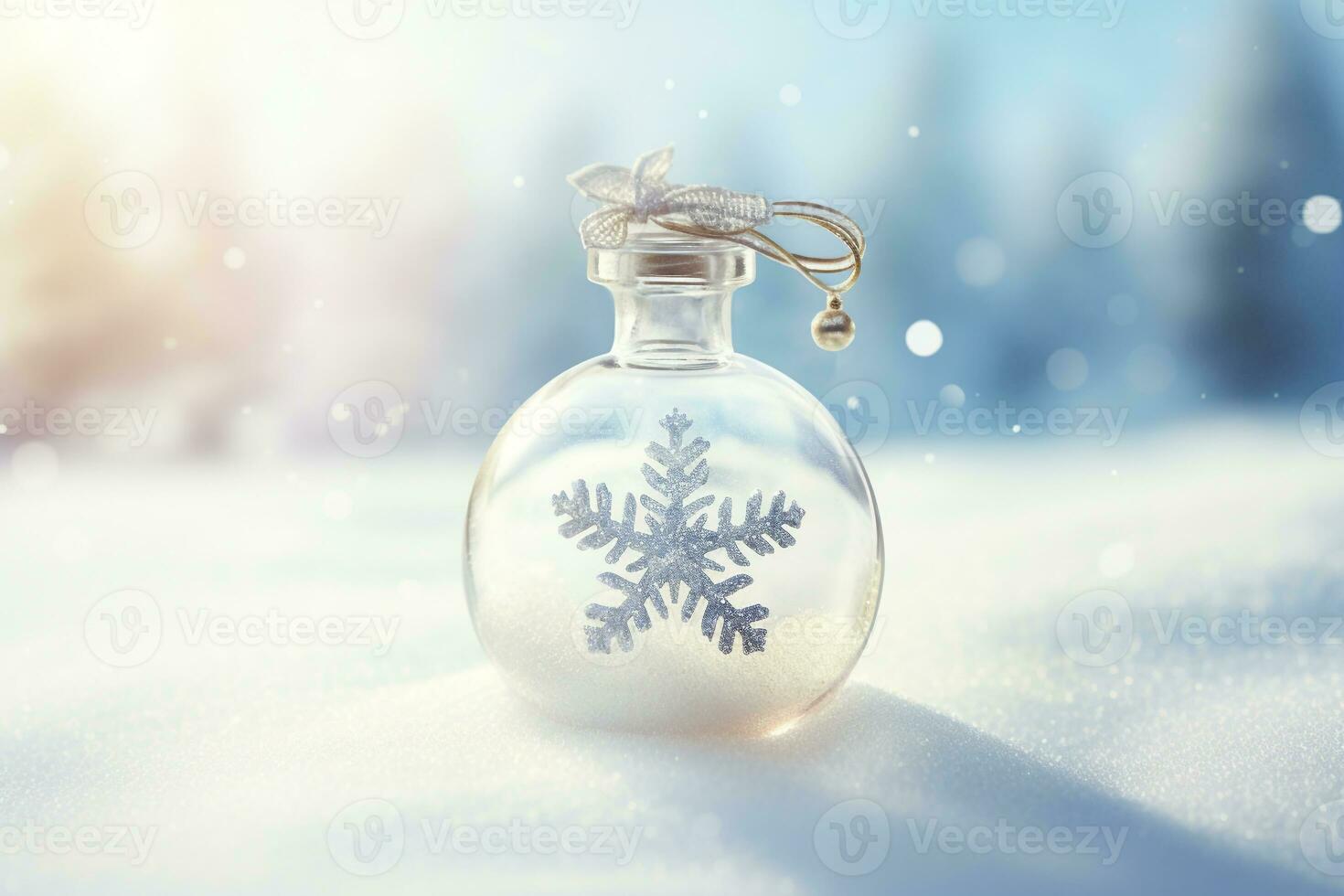 Tiny cute Snowflake contained within a sphere glass bottle on snow background.Merry Christmas and Happy new year concept. photo