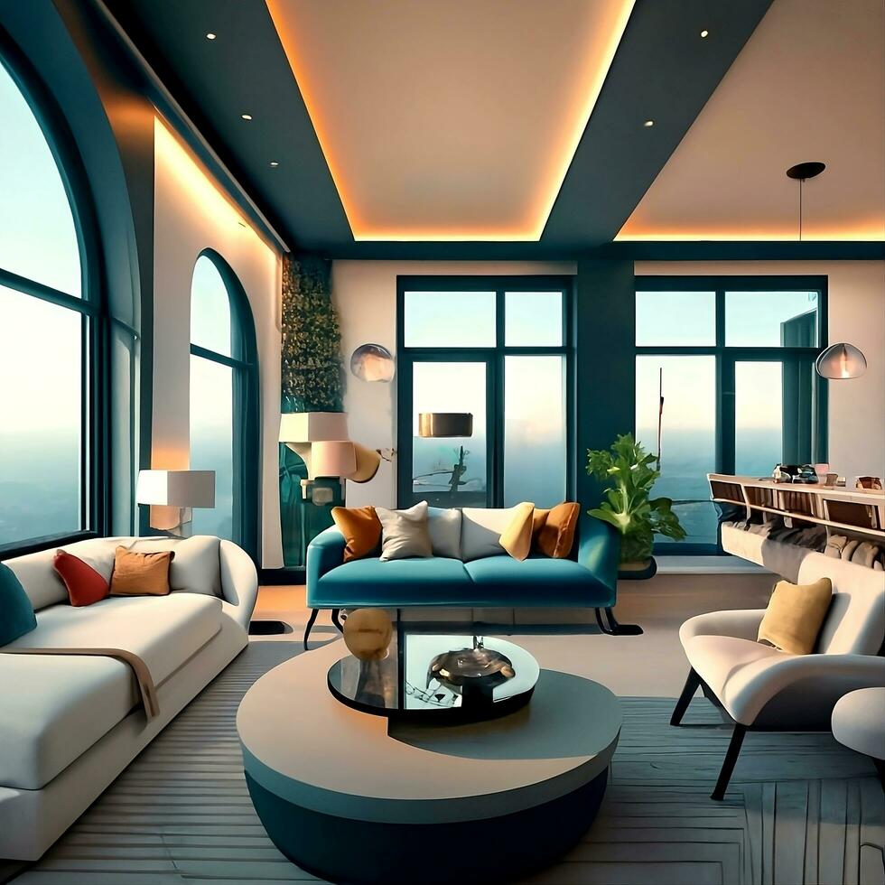 Scandinavian, mid-century home interior design of modern living room. Ai generated photo