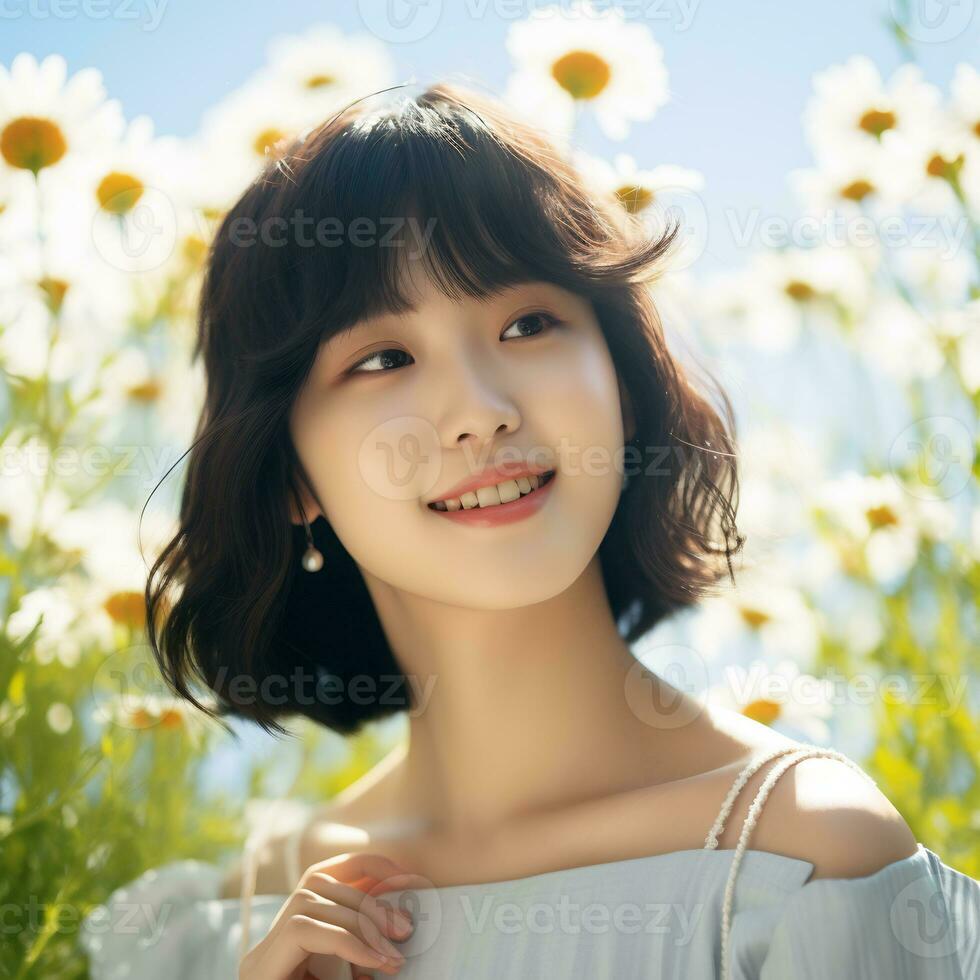 Beautiful asian girl in flower garden AI Generative photo