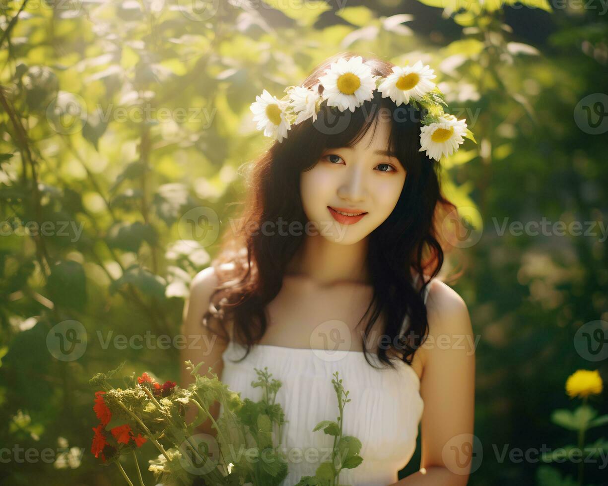 Beautiful asian girl in flower garden AI Generative photo