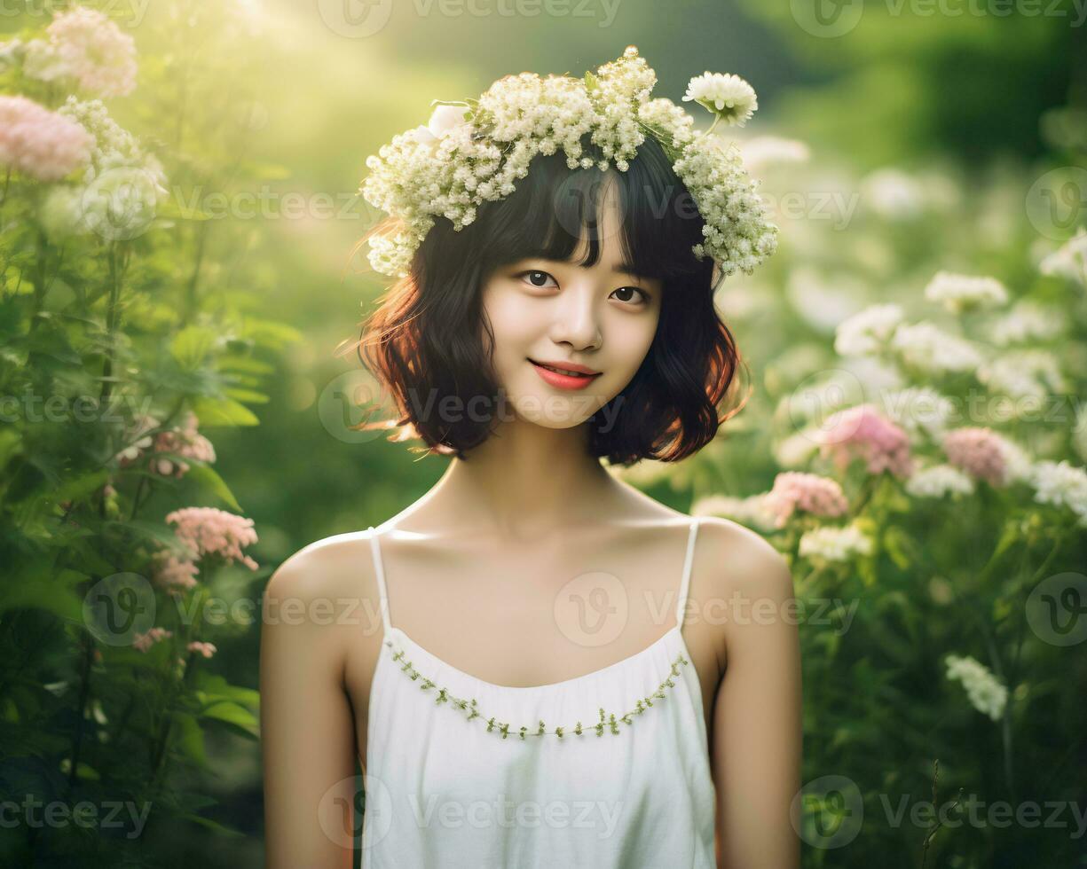 Beautiful asian girl in flower garden AI Generative photo