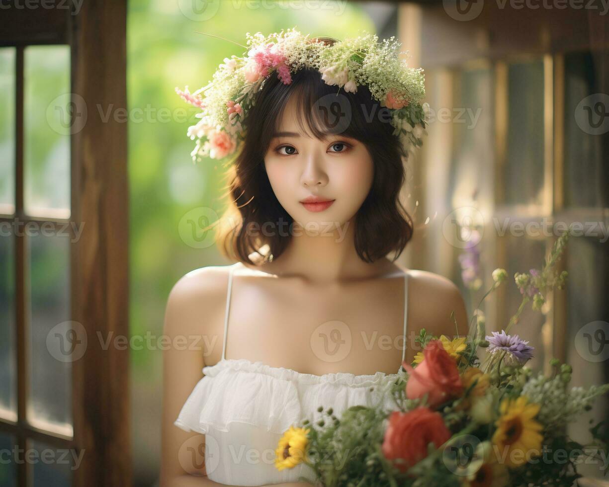 hermosa asiático niña en flor jardín ai generativo foto