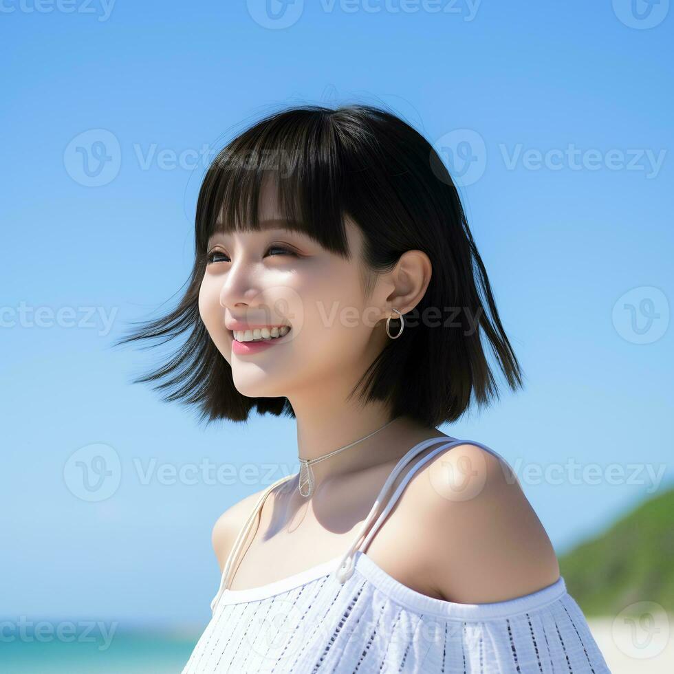 Beautiful asian girl enjoying summer in the beach AI Generative photo