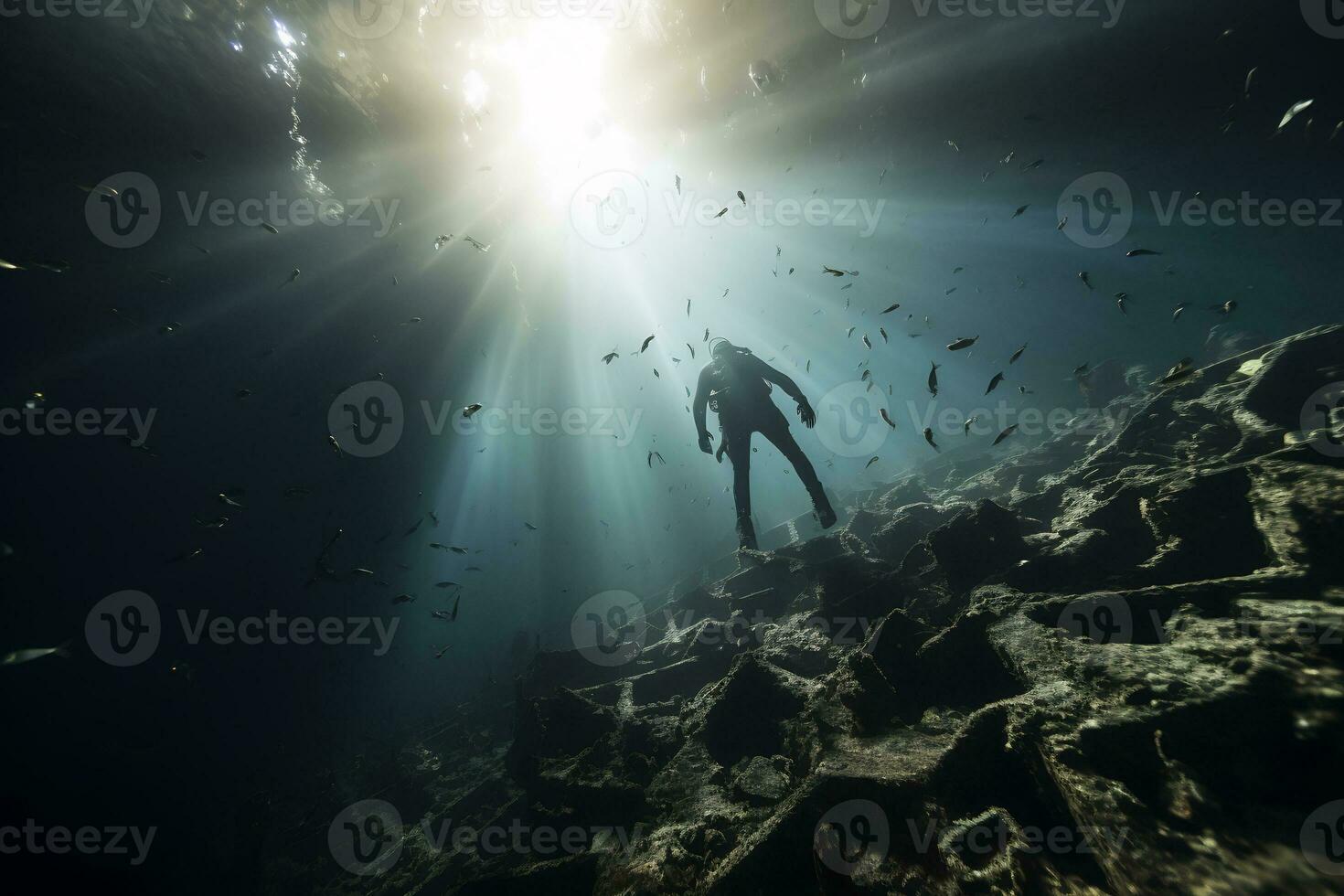 Free diver exploring a shipwreck AI Generative photo