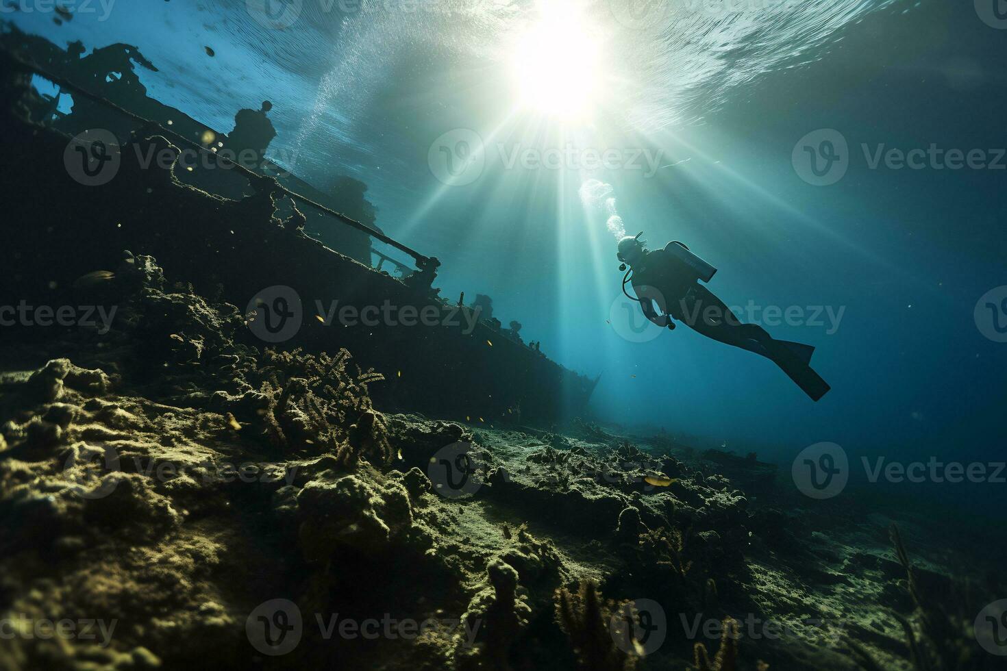 Free diver exploring a shipwreck AI Generative photo