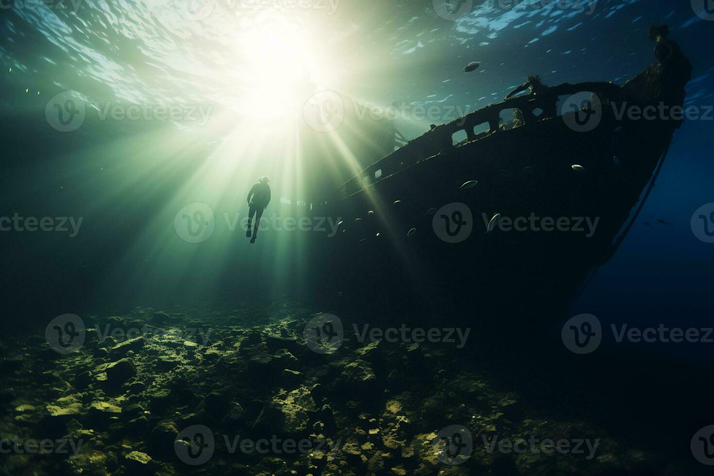 Free diver exploring a shipwreck AI Generative photo