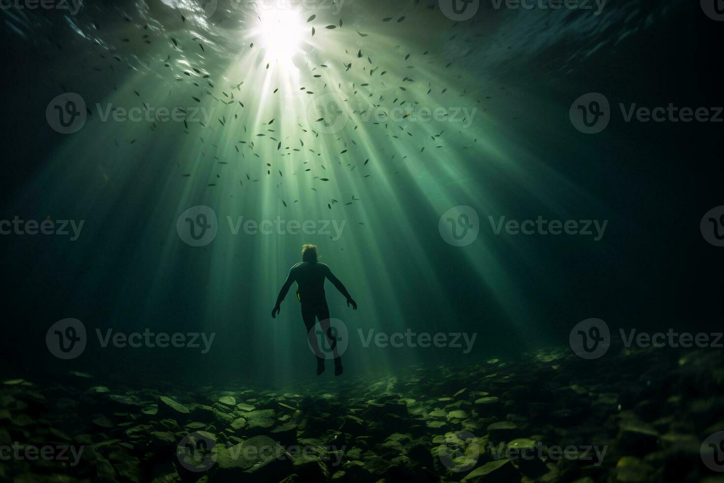 Free diver exploring a shipwreck AI Generative photo