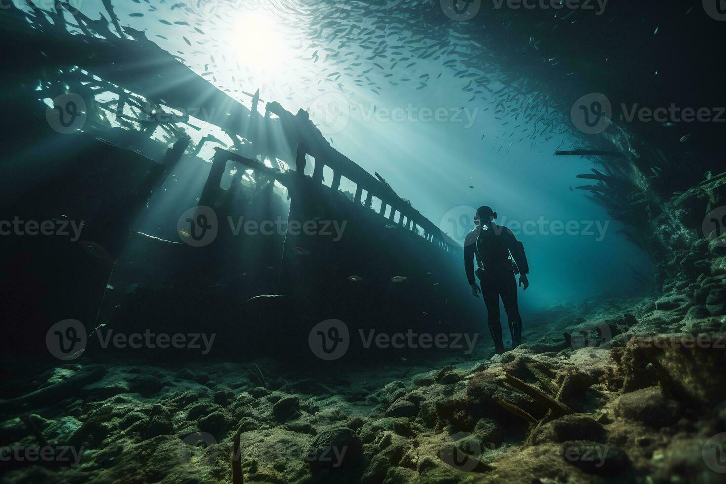 Free diver exploring a shipwreck AI Generative photo