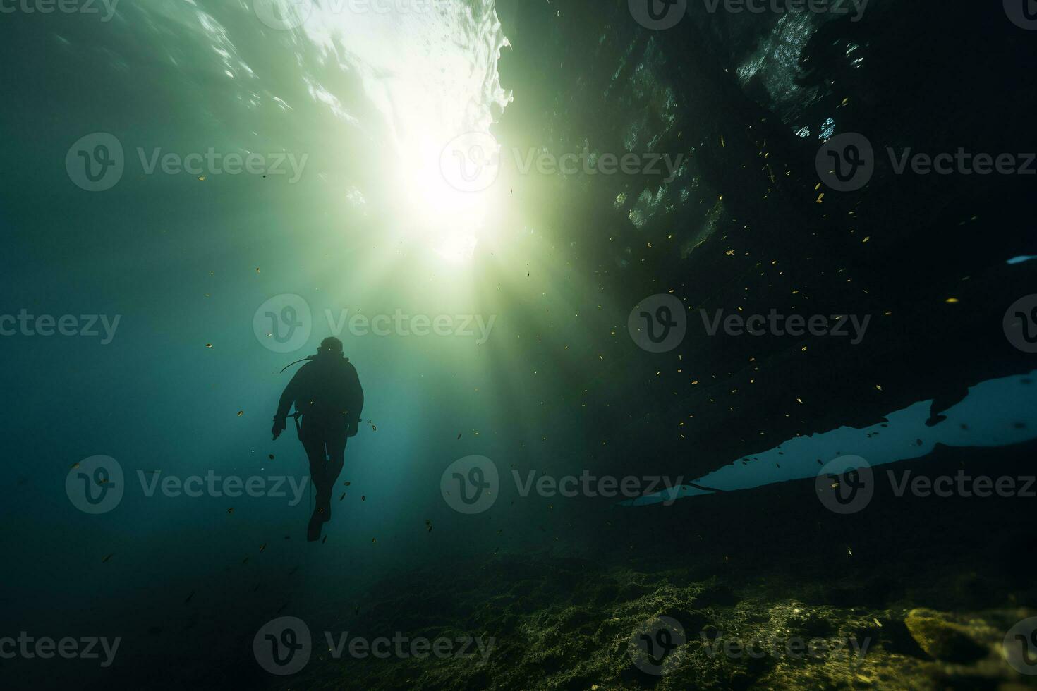 Free diver exploring a shipwreck AI Generative photo