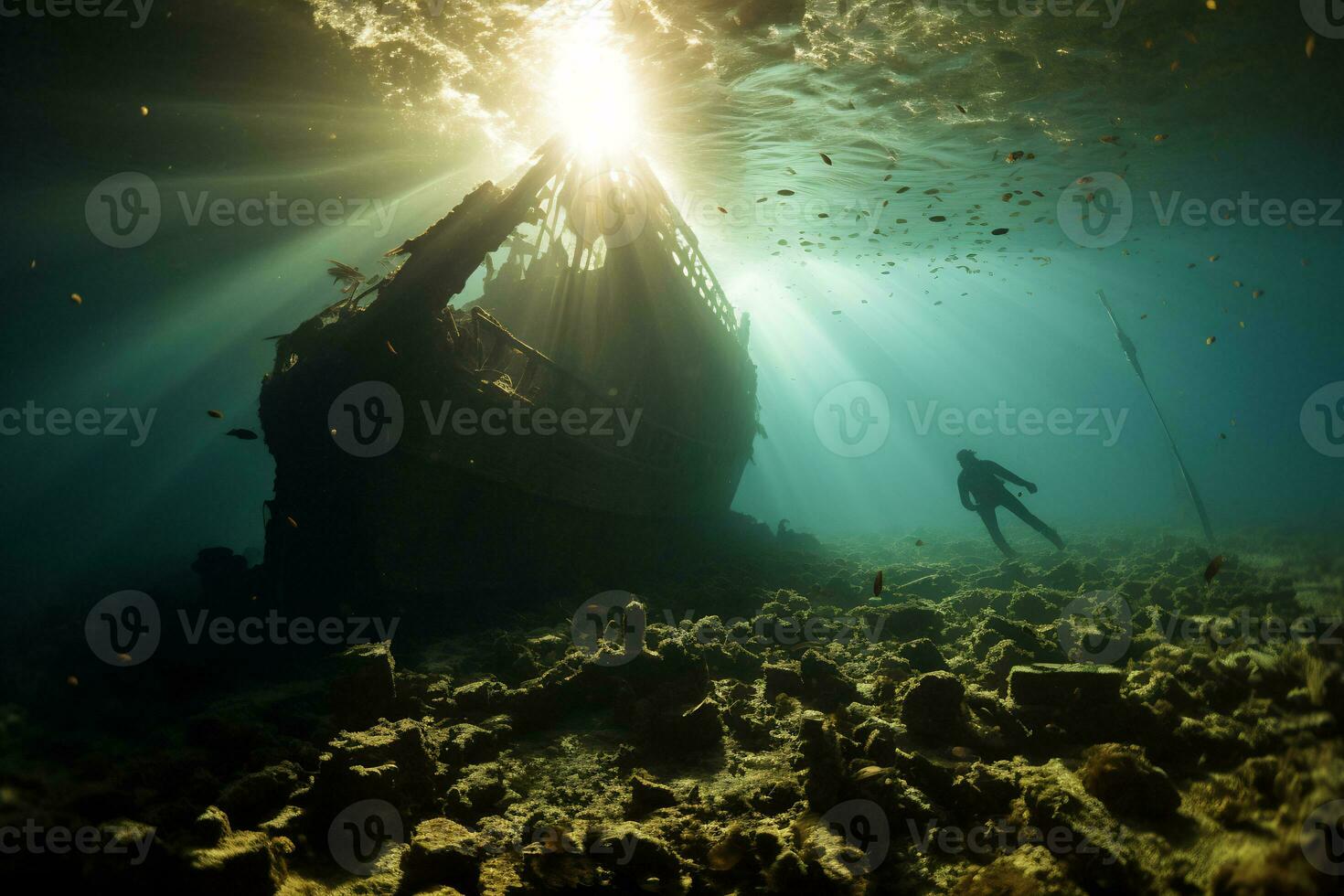 Free diver exploring a shipwreck AI Generative photo