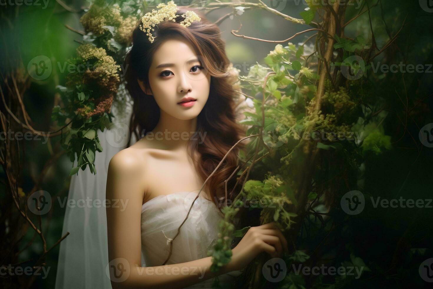 hermosa asiático niña en novia vestir ai generativo foto