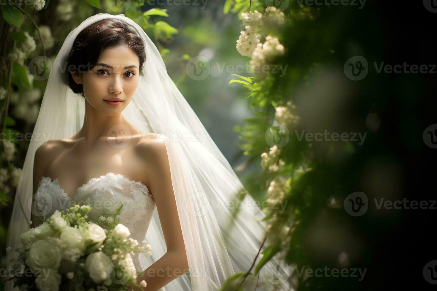 Beautiful asian girl on bride dress AI Generative photo